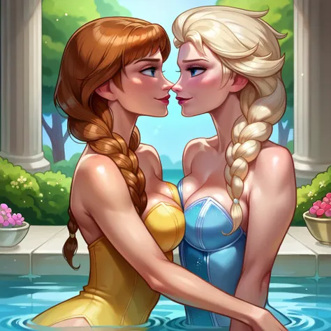 score_9, score_8_up, score_8_up, source_cartoon, detailed soft lighting, 2girls, (Elsa from Frozen, blonde hair, braids:1.5), (Anna from Frozen, brown hair, braided pigtails:1.4), girlfriends, cleavage, sexy swimsuits, sitting in Japanese bath, very detail...