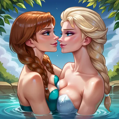 score_9, score_8_up, score_8_up, source_cartoon, detailed soft lighting, 2girls, (Elsa from Frozen, blonde hair, braids:1.5), (Anna from Frozen, brown hair, braided pigtails:1.4), girlfriends, cleavage, sexy swimsuits, sitting in Japanese bath, very detail...