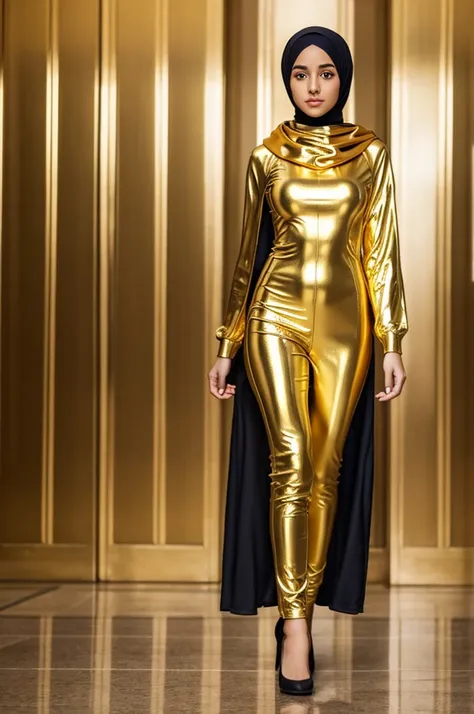 a girl in full shiny golden hijab in a to z full body look 