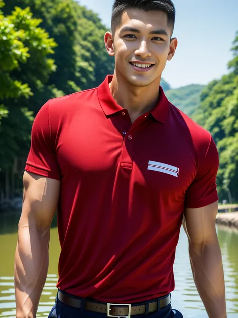 (Create a masterpiece: 1.2),(CGI art:1.3),(realistic:1.5),(After processing:1.3),(Sharp focus:1.3),10,1 man, smile, (Wear a crimson polo shirt.), Navy cargo pants, Korean guy , korean men, (High gloss details), chest muscles, large arm muscles, blood vesse...