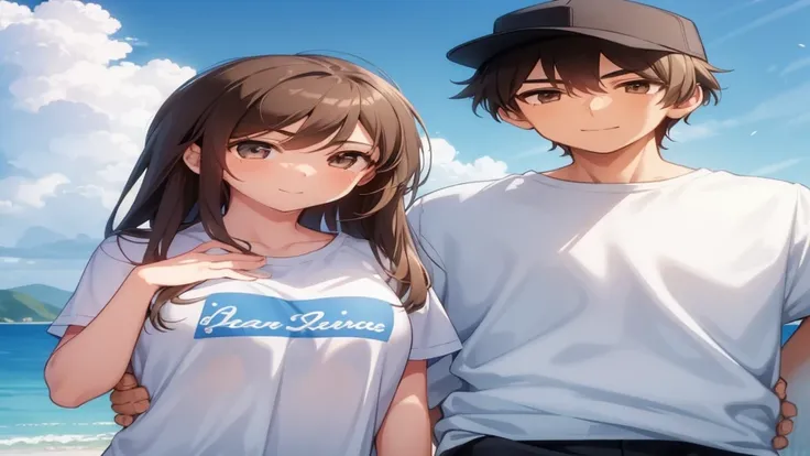 One girl, One boy,Male and female couple ,Put your hands around your back,Hands are pieces,smile,blue sky,high school student,Boys wear baseball caps,girl has long hair,Brown Hair,Soft Light,Brown eyes,瞳にSoft Light,cute,Just two people,Wearing a uniform,