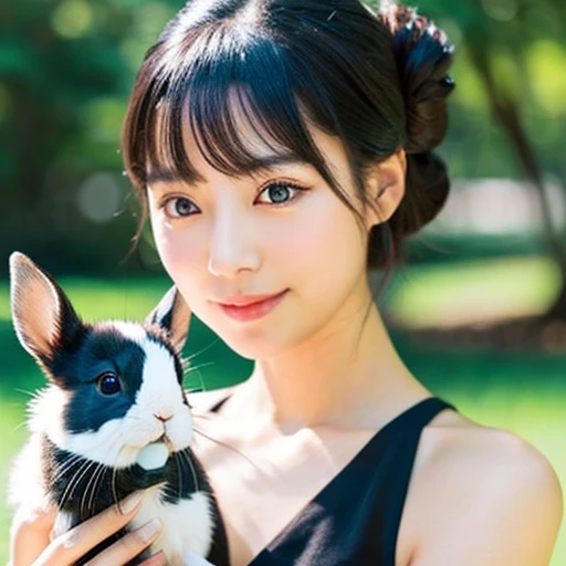 Japanese women、Black hair chignon、Delicate face、Beauty、Glamorous makeup、Lip Makeup、Holding a rabbit、Sunny outdoors