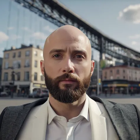 30 year old man. Ultra realistic. 4k. Bald. Bearded.  Well dressed. Head and shoulders. Wearing black suit