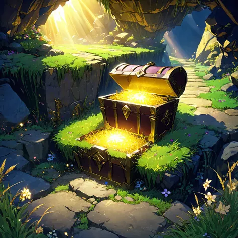 Beautiful game world,Fantasy,Furai no Shiren,Dungeons,Treasure Chest,First Person View,Tension,Expectations,Dim Cave,Treasure Chestの輝き,Golden light,Items inside,Resurrection Grass,Shiren&#39;s hopeful expression