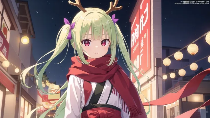 ((masterpiece)),(best quality),Official Art,Extremely detailed CG,Unity 8k Wallpaper,Super detailed,Beautiful and delicate eyes,Extremely detailed face,1 girl,solitary,,(whole body:1.5),(small:1.3),Smile,,Murasame,Very long hair,Green Hair,sides up,Purple ...