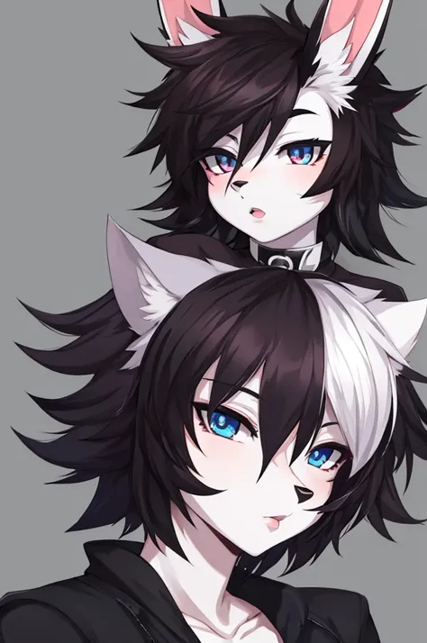 male, young adult, furry, anime, anthromorphic, bunny, emo, white fur, edgy, cute, beautiful, beautiful eyes, big lips, androgynous, cool big hair, bust portrait, stylized, y2k