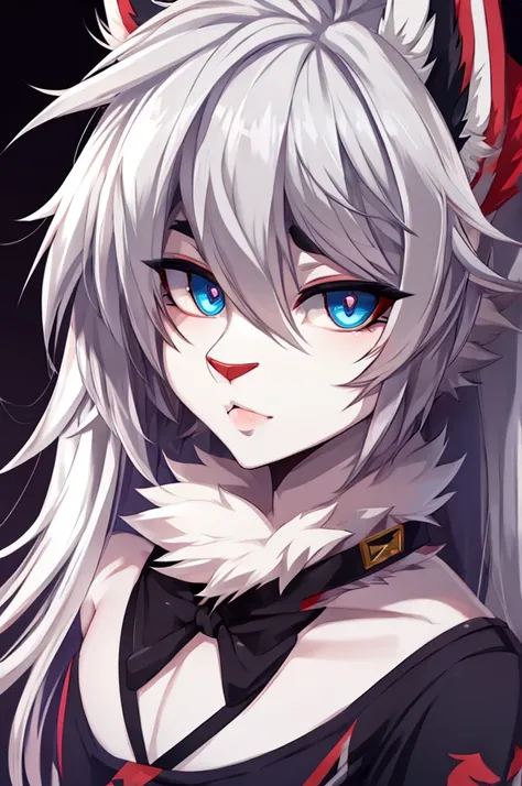 male, young adult, furry, anime, anthromorphic, bunny, emo, white fur, edgy, cute, beautiful, beautiful eyes, big lips, androgynous, cool big hair, bust portrait, stylized, y2k