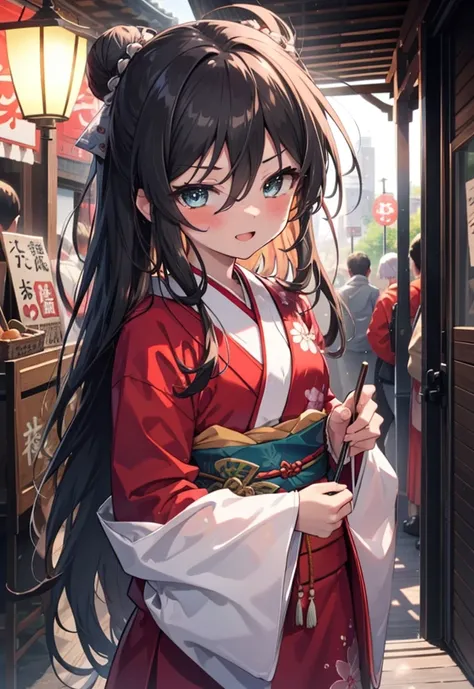 Shana,灼眼のShana,Long Hair, Redhead, Red eyes,Ahoge,smile,blush,Open your mouth,Hair Bun, single Hair Bun,blush,Red Kimono,Thick sleeves,Red long skirt,日本のfestival,夏festivalの屋台,Red lantern,　　　　　　　　　　　break looking at viewer, Upper Body,  　　　　　　　break outdoor...