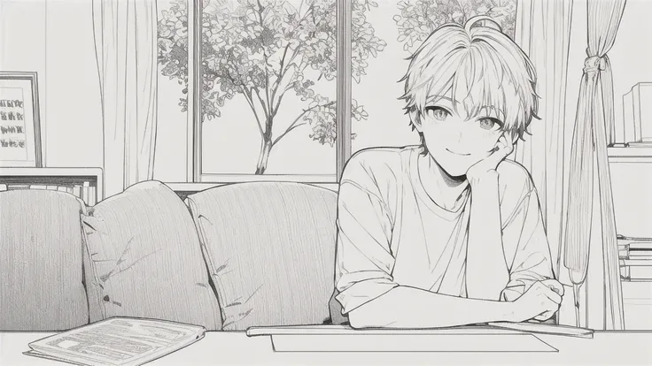 masterpiece, best quality, 1boy, solo, short_hair, looking_at_viewer, smile, shirt, lineart, monochrome, 