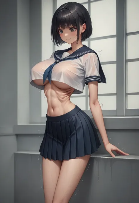 (masterpiece, best quality:1.2), front shot, beautiful thin 1girl, (super big breasts, micro waist, very long legs:1.4), Black hair, short bob hair, short height, scrawny and thin body, Light Skin, cute big eyes, cute beautiful thin face, forced smile, ser...