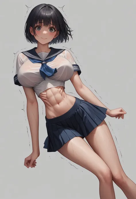 (masterpiece, best quality:1.2), front shot, beautiful thin 1girl, (super big breasts, micro waist, very long legs:1.4), Black hair, short bob hair, short height, scrawny and thin body, Light Skin, cute big eyes, cute beautiful thin face, forced smile, ser...