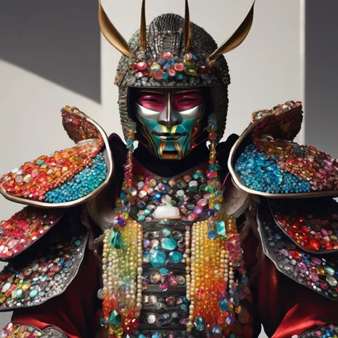 Realistic face of a Japanese ronin wearing a mask and helmet made of multicolored diamonds and gemstones, It&#39;s realistic and detailed.