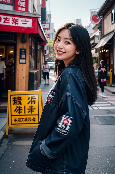 arafed woman standing in front of a tall tower with a smile, mid shot portrait, taken with canon eos 5 d mark iv, japanese streetwear, medium portrait, in front of ramen shop, outlive streetwear collection, portrait of a japanese teen, shot on sony a 7 iii...