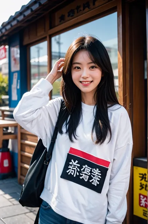 arafed woman standing in front of a tall tower with a smile, mid shot portrait, taken with canon eos 5 d mark iv, japanese streetwear, medium portrait, in front of ramen shop, outlive streetwear collection, portrait of a japanese teen, shot on sony a 7 iii...