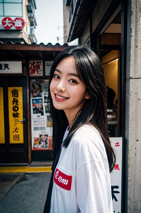 arafed woman standing in front of a tall tower with a smile, mid shot portrait, taken with canon eos 5 d mark iv, japanese streetwear, medium portrait, in front of ramen shop, outlive streetwear collection, portrait of a japanese teen, shot on sony a 7 iii...