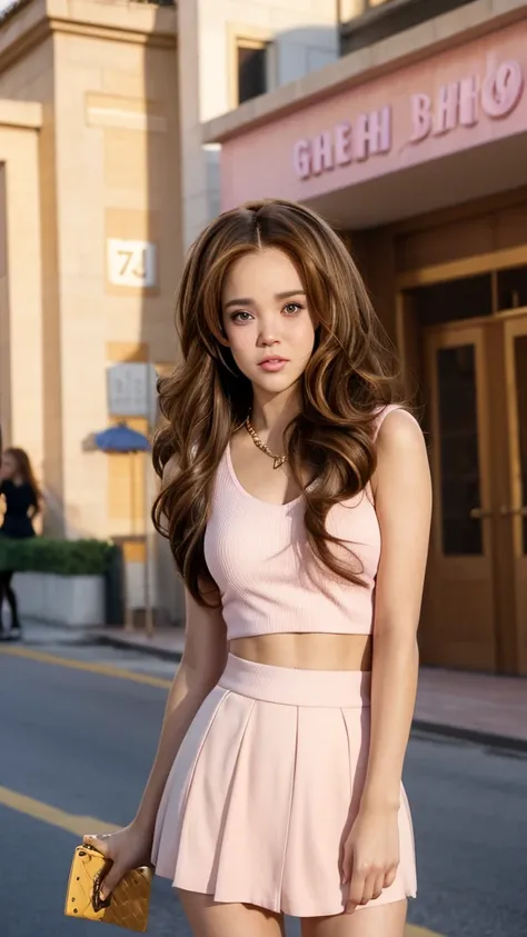 Beautiful woman，golden brown hair，Light pink miniskirt，Fitted low-cut top，School in the background, ((mean girls:1.5))