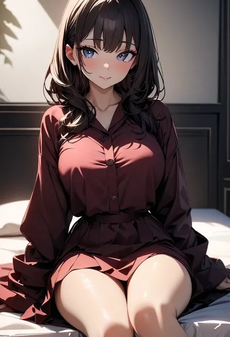 (high quality, 8K, 4K, High contrast, masterpiece:1.2, 最high quality, Best aesthetics), 1 female, (Real skin texture:1.3), (Film Grain:1.3),  A girl, Beautiful and detailed eyes and face, 最high quality, Frontal shot:1.4,Sitting on the bed，Wearing a burgund...