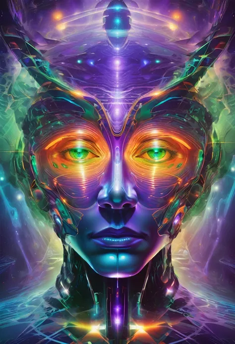 mystical humanoid face seen from the front, futuristic and geometric technology backdrop, spirit, dmr, md, mdma, intergalactic thc, other planets and mirror effects, colors, purple, green, blue and orange