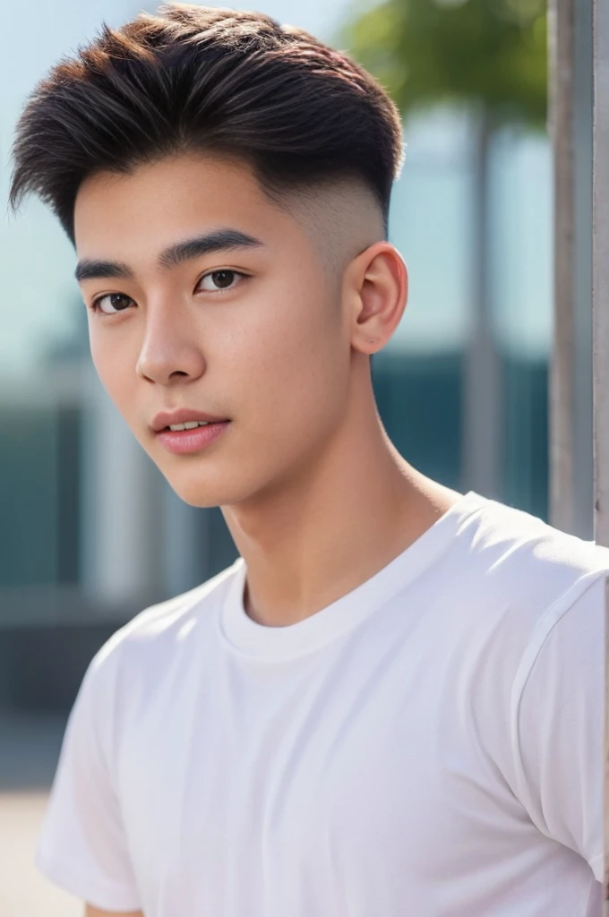 Young Korean man in a white t-shirt and jeans, close up airplane background, Detailed background, inch details, Take the whole body, Quiv haircut, Look at the camera, Detailed parts of the face, Manly, Active Boy, Freestyle moves, happy expression, perfect...