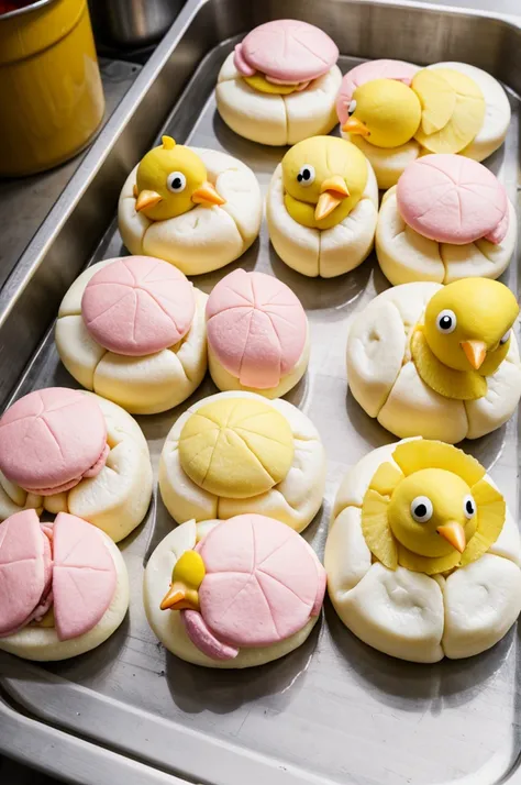 Pink bugs and yellow chickens freeze together to make steamed buns.