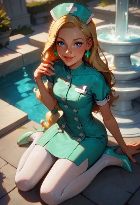 score_9, score_8_above, score_7_above, fountain_Cartoon, looking at the viewer, hourglass figure, facial focus, 1 girl, solo girl, pretty face, Pretty girl, large old, by rubio, long hair tied low, Blue eyes, kneeling nursing, full body shot, friendly smil...