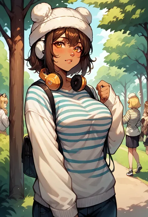 curvy adult women, pastel, improve, fur hat, tree, separate sleeves, white sweater, bun, medium hair, striped shirt, headphones,...