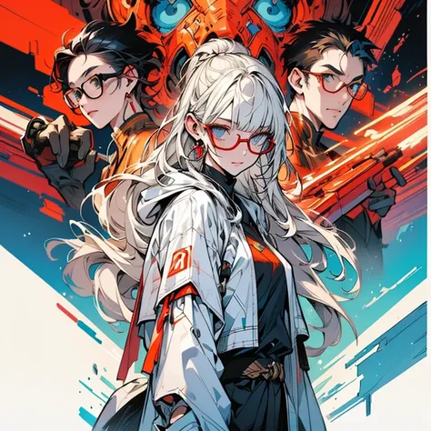 One monk warrior girl in white techwear, Long white hair,  Abstract vintage sci-fi background, Glasses、art：Moebius, art：Ashley Wood