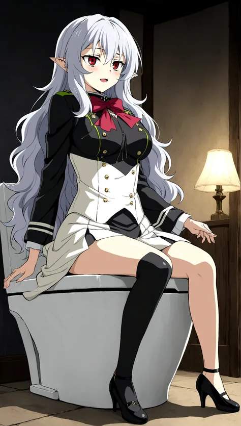 Anime. Owari no Seraph. 1 Girl. Dear . A vampire. Progenitor Clumsy. Silver hair. Wavy hair. Long hair. Red eyes. Beautiful eyes. Perfect eyes. Expressive eyes. Ideal face. Perfect body. Beautiful long ones. legs. Beautiful nose. 18 years. Big breasts. Sta...