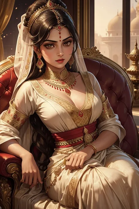 Generate a photorealistic digital artwork of Maharani Laxmibai dressed in a stunning gown that subtly reflects her identity as a Muslim. Her hairstyle should be elegant, perhaps styled in a sophisticated bun or adorned with traditional accessories. Her fac...