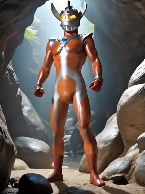 photo realistic,nude,bara,gay,ultraman taro is caught in a cave and stands naked in white underwear,slim body,tall,long limbs,he...