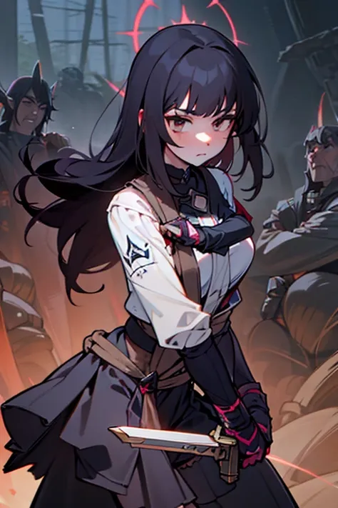 a black-haired girl wields the heavy thrusting swords from within the elden ring in a reverse grip.