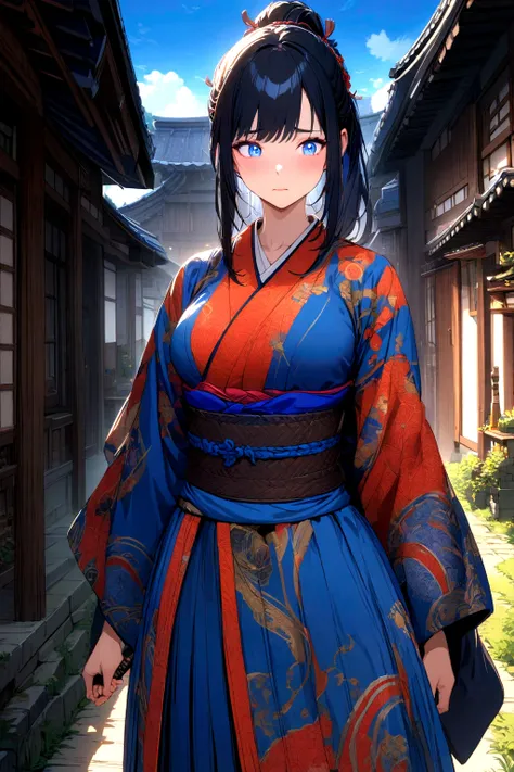 a beautiful anime girl, 1girl, long black hair with blue highlights, medium breasts, wearing a black and blue female samurai kim...