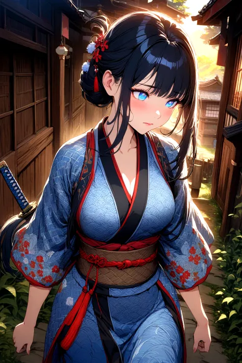 a beautiful anime girl, 1girl, long black hair with blue highlights, medium breasts, wearing a black and blue female samurai kim...