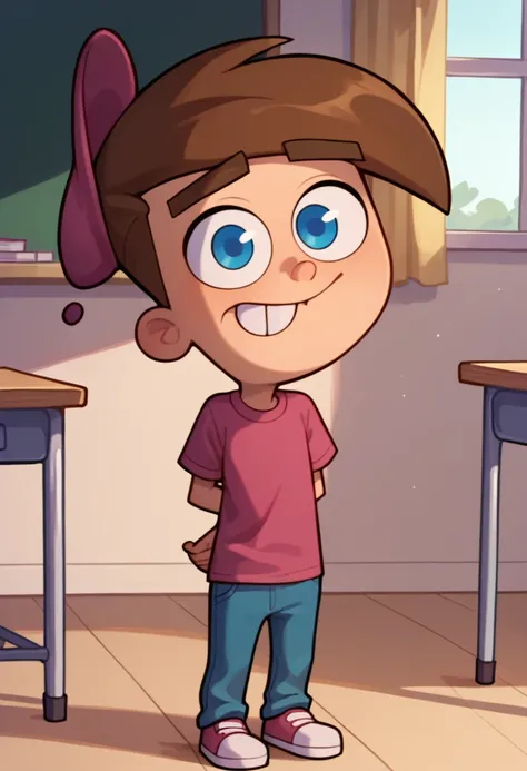 score_9_up, score_8_up, score_7_up, 1boy, solo, timmytfp, pink shirt, brown hair, blue eyes, pink hat, teeth, blue pants, hands ...