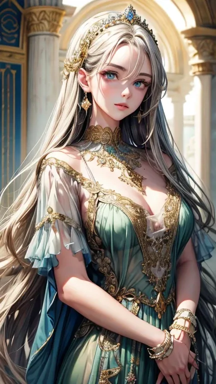 (Highest quality, High resolution, masterpiece:1.2), Very detailed, Beautiful and delicate lake green eyes, Beautiful and delicate lips, Very detailed顔, Super long hair, 1 Girl, royal family members, Beautiful girl with golden beige hair, (Wearing royal bl...