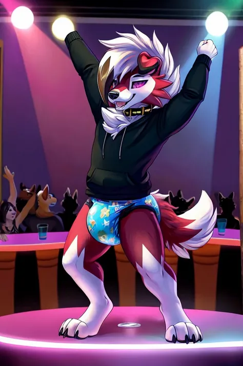  A dark purple Midnight femboy lycanroc wearing a black sweatshirt and a blue diaper and white socks with black stripes and a gold colored dog collar on his neck and with bracelets on his arms dancing sexually in a stripper club 