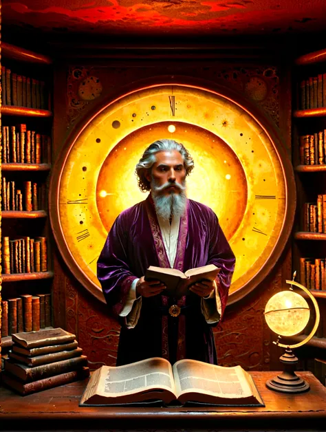 mystical astrologer in ancient library, starry galaxy projected on walls, astrological symbols glowing softly, astrologer wearin...