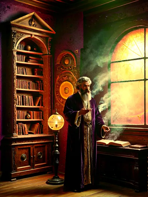 mystical astrologer in ancient library, starry galaxy projected on walls, astrological symbols glowing softly, astrologer wearin...