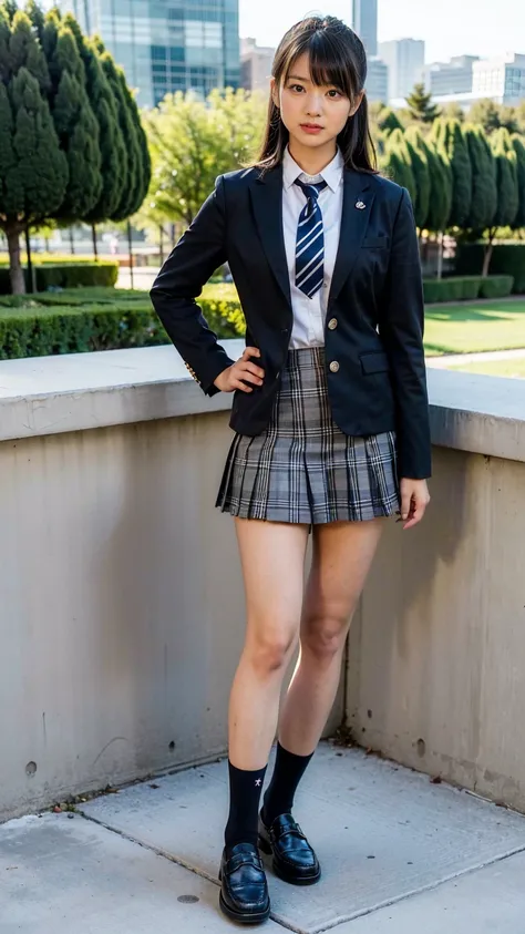 (8k、raw photos、highest quality、masterpiece:1.2)、(realistic、realistic)、1 girl、((black check mini skirt、high school uniform、blazer...