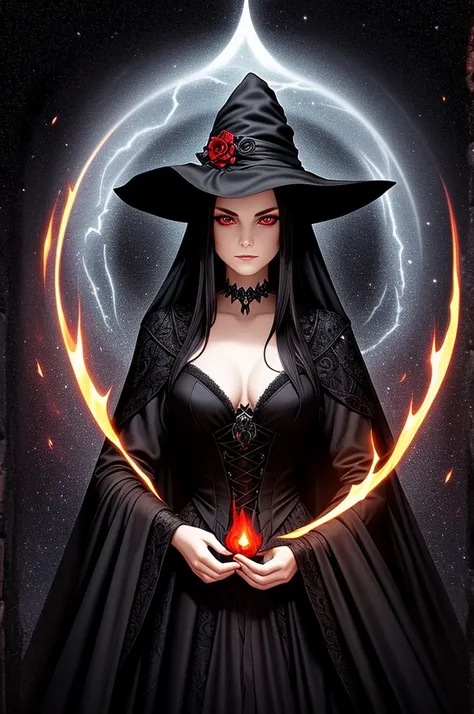 A captivating, enchantingly sinister witch with flowing black hair and piercing red eyes stands cloaked in a revolving black silk dress, conjuring something malevolent under the cover of darkness. This striking image could be a stunningly detailed painting...