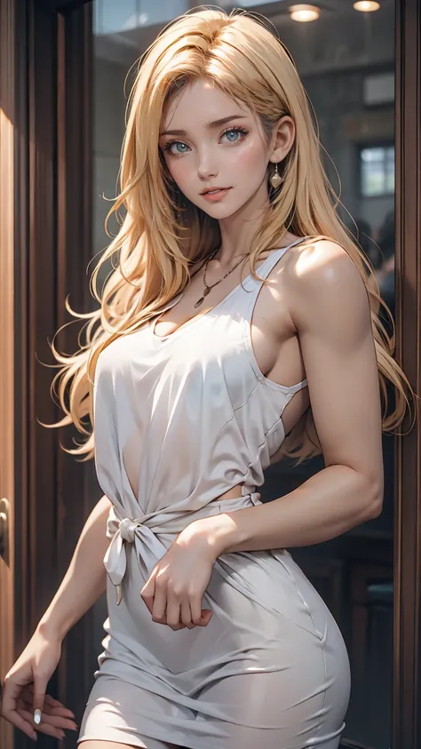 (Highest quality, High resolution, masterpiece :1.3), 24 year old Caucasian female、Her hair color is platinum blonde、Eye color: green、Long Hair、Iの髪はウェーブしています、Slim but toned figure、smile、My abs are ripped、chest wide open、Wear a mini dress、I&#39;Wearing skat...