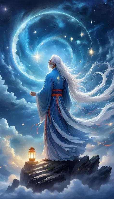 Chinese Mythology，Oriental Fortune Teller，Daofeng fairy bone，Master，The old man stands on the cliff and looks up at the starry sky with long white hair，Back silhouette，White loose Hanfu robe，Look up at the stars，(((Galaxy Tai Chi Bagua Diagram，Magic Circle...