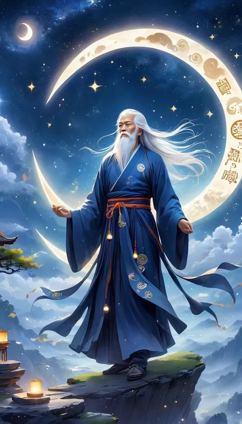 chinese mythology，oriental fortune teller，daofeng fairy bone，master，the old man stands on the cliff and looks up at the starry s...