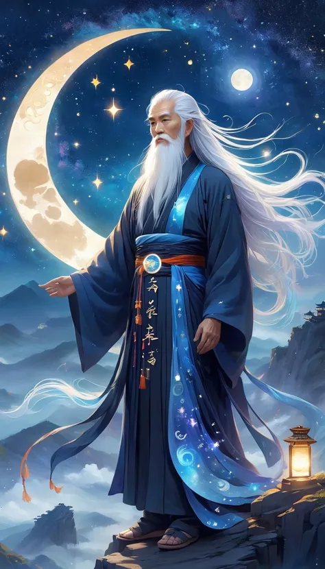 chinese mythology，oriental fortune teller，daofeng fairy bone，master，the old man stands on the cliff and looks up at the starry s...