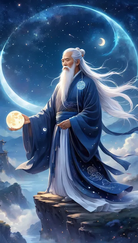 chinese mythology，oriental fortune teller，daofeng fairy bone，master，the old man stands on the cliff and looks up at the starry s...