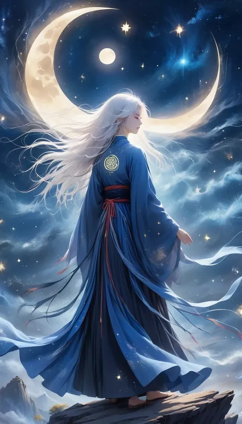 Chinese Mythology，Oriental Fortune Teller，Daofeng fairy bone，Master，The old man stands on the cliff and looks up at the starry sky with long white hair，Back silhouette，Black loose Hanfu robe，Look up at the stars，(((Galaxy Tai Chi Bagua Diagram，Magic Circle...