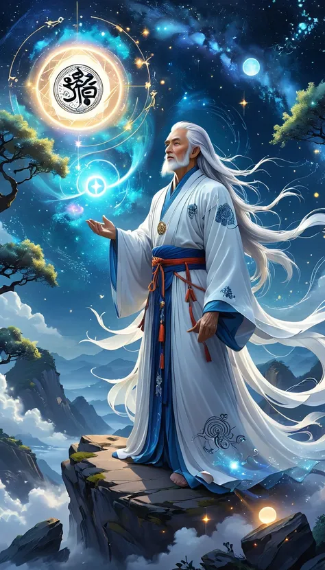 chinese mythology，oriental fortune teller，daofeng fairy bone，master，the old man stands on the cliff and looks up at the starry s...