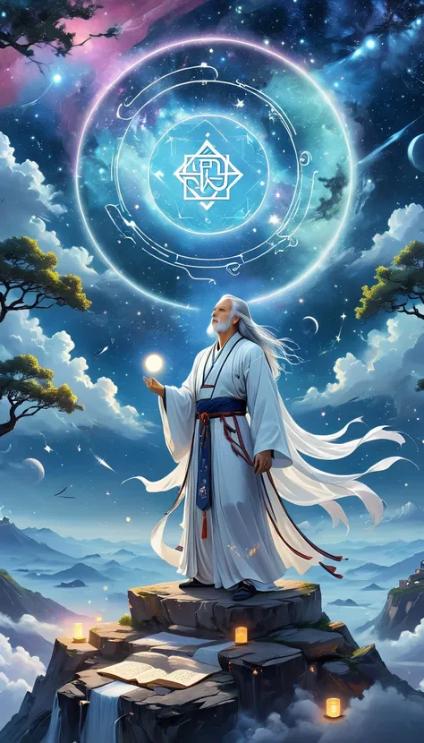 chinese mythology，oriental fortune teller，daofeng fairy bone，master，the old man stands on the cliff and looks up at the starry s...