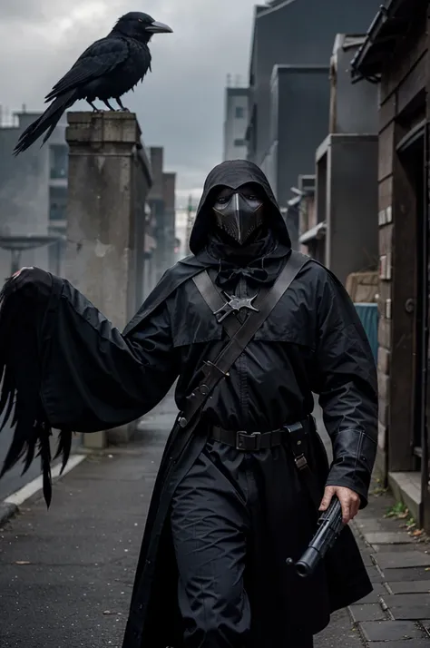 A plague doctor with crow mask carrying ar15 assault rifle