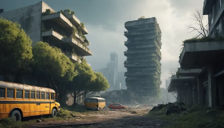 sci-fi world,view from a destroyed building,rusty school bus, abandoned land, rusty buildings, miss, dark clouds, abandoned city...